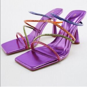 Zara Multicolor metallic purple Strappy women’s colorful Heels size us 8 NWT fun